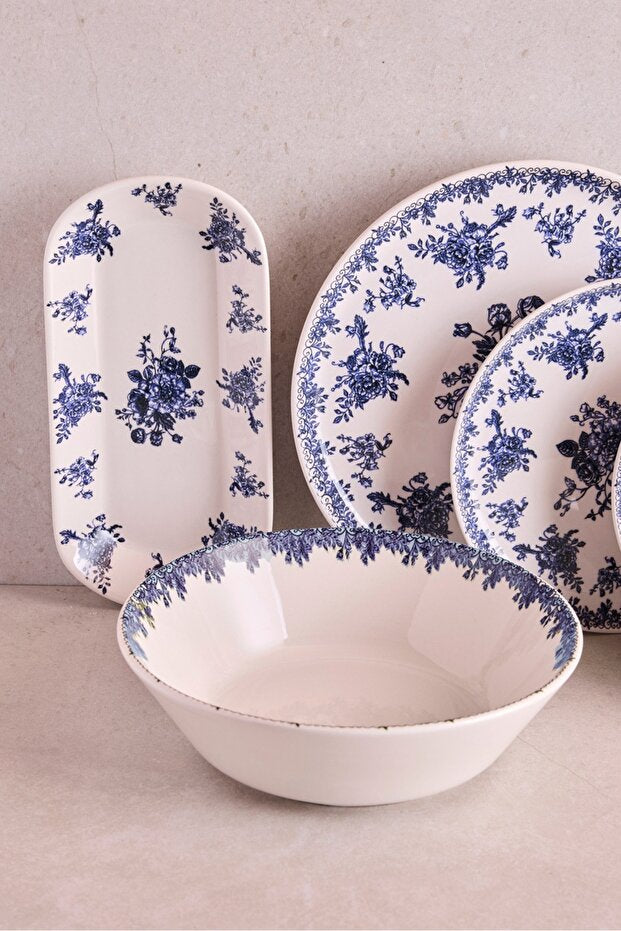 6-Person 27-Piece Ceramic Dinnerware Set - Vintage Blue Floral