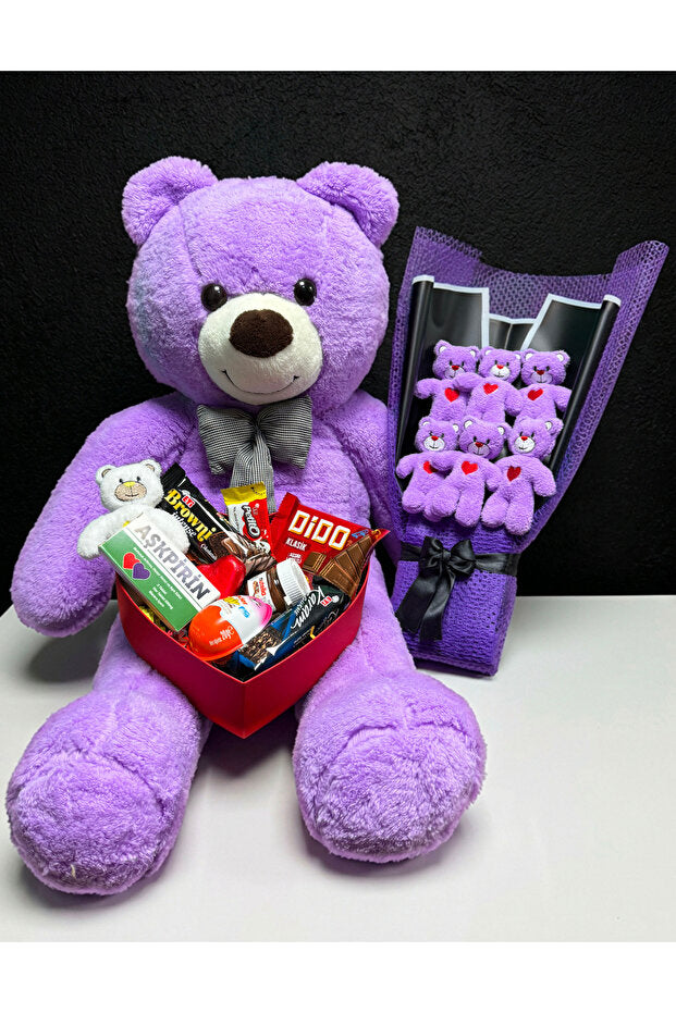 90cm Purple Plush Bear Gift Set with Chocolates & Mini Bear Bouquet
