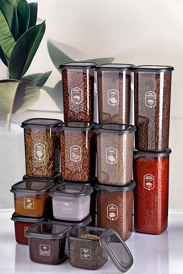 Locky Grey 18-Piece Square Food Storage Set for Pantry Organization