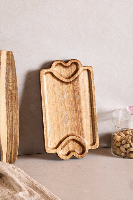 Elegant Acacia Wood Serving Tray with Heart Details - 25x14 cm