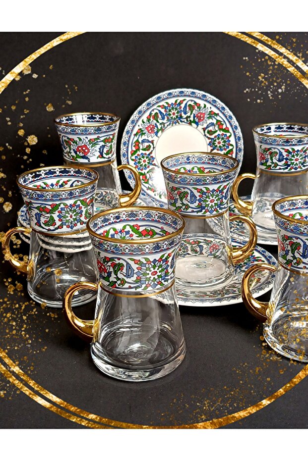 Samsa Premium Turkish Tea Set - 6 Person - Gold Plated Handles - Ceramic Motif Glass Cups Porcelain Plates