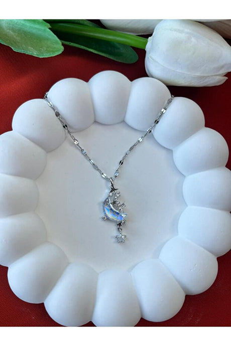 Silver Plated Moon Star Necklace - Non-Tarnishing Steel & Zircon