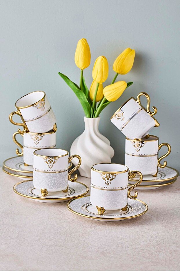 Ottoman Porcelain Coffee Cup Set with Gold Details - 6 Person