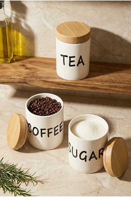 Porcelain Coffee, Tea & Sugar Canister Set with Bamboo Lids - 3 Jars