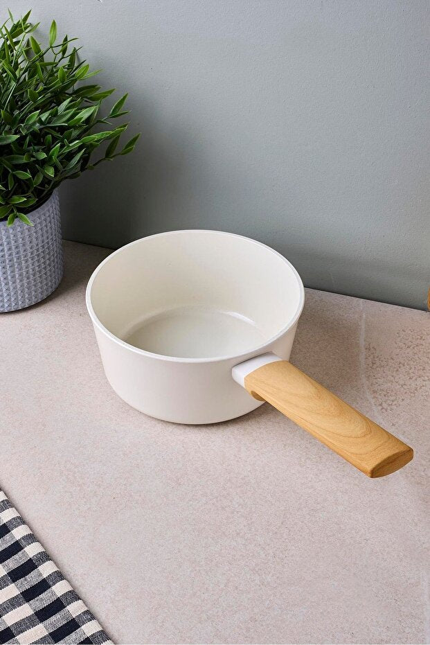 16 cm Beige Ceramic Coated Induction Saucepan with Wood Handle