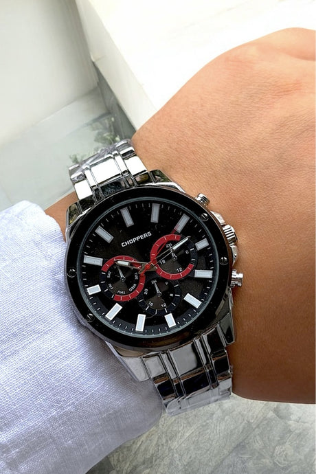Men's Silver Chronograph Watch with Steel Band & Bracelet Gift