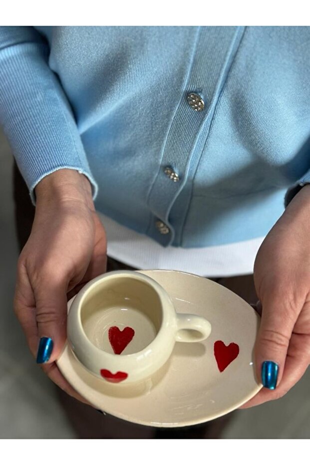 Ceramic Turkish Coffee Cup and Saucer Set - Romantic Heart Design