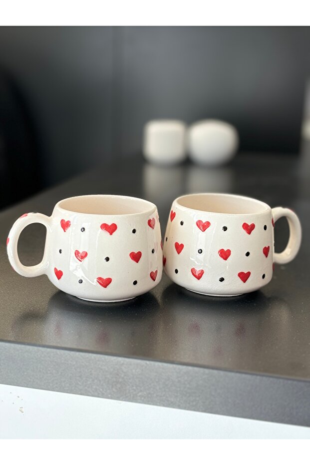Handmade Ceramic Heart Embossed Mugs - Set of 2