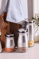 3-Piece Kitchen Storage Jar Set - Stainless Steel & Glass