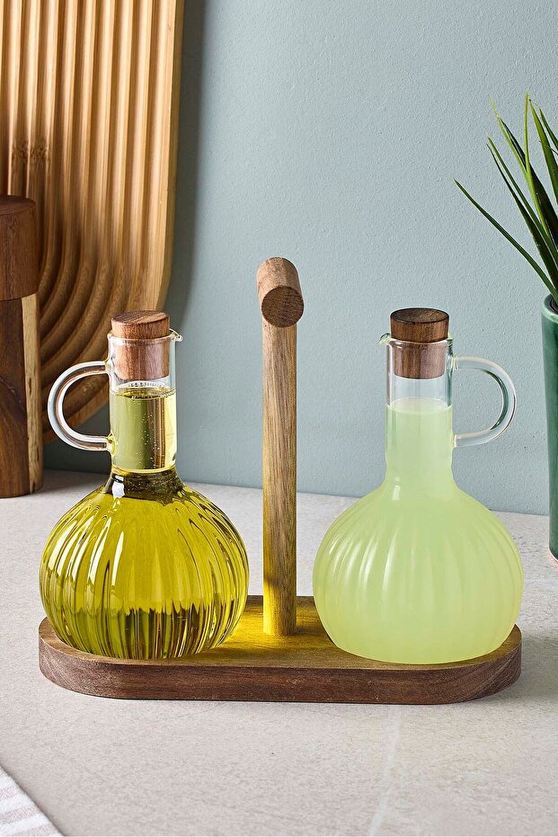 Acacia Wood Stand Oil & Vinegar Dispenser Set - 350ml x 2