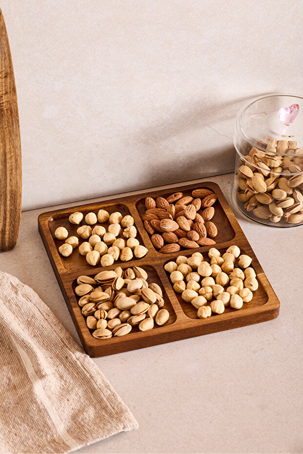 Natural Wood 4-Compartment Snack Serving Tray 20x20 cm