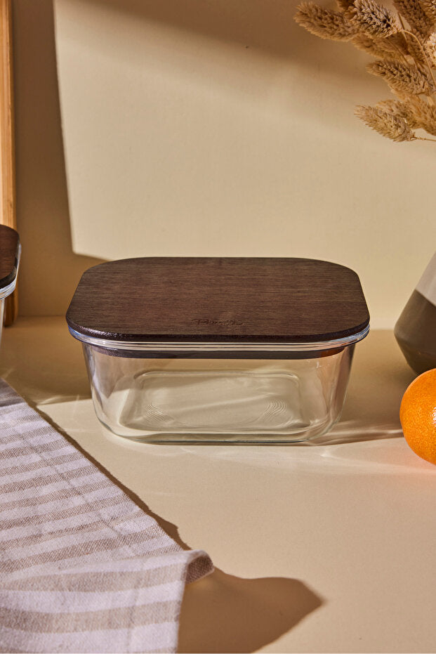 Square Glass Food Storage Container - 800ml with Wood Lid