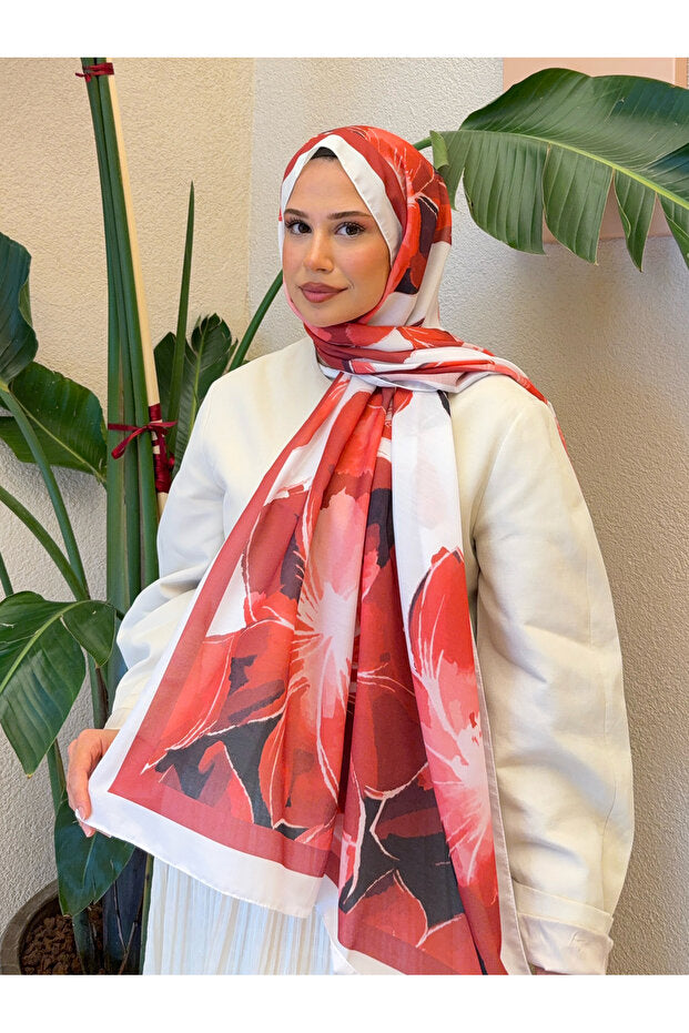 Retro Floral Cotton Soft Shawl - Red & White
