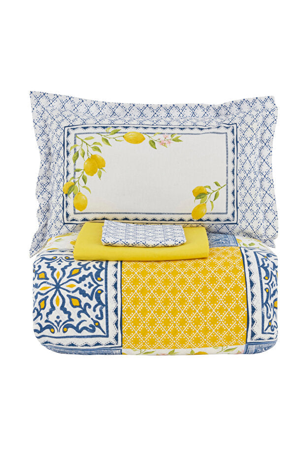 Addie 100% Cotton Double Duvet Cover Set - Lemon & Tile