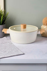 CookWood Beige 20cm Ceramic Deep Pot with Induction Base & Wooden Handles
