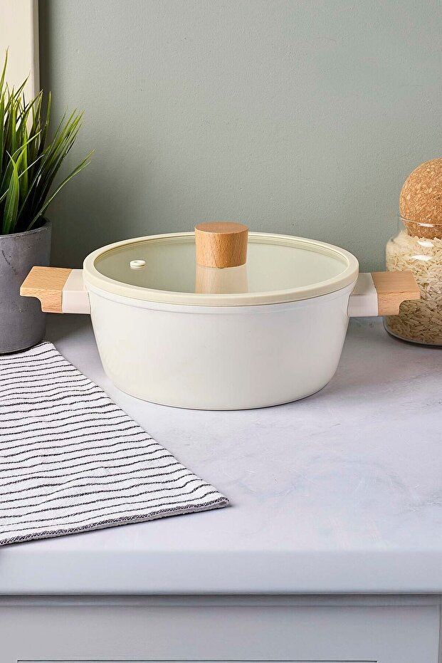 CookWood Beige 20cm Ceramic Deep Pot with Induction Base & Wooden Handles