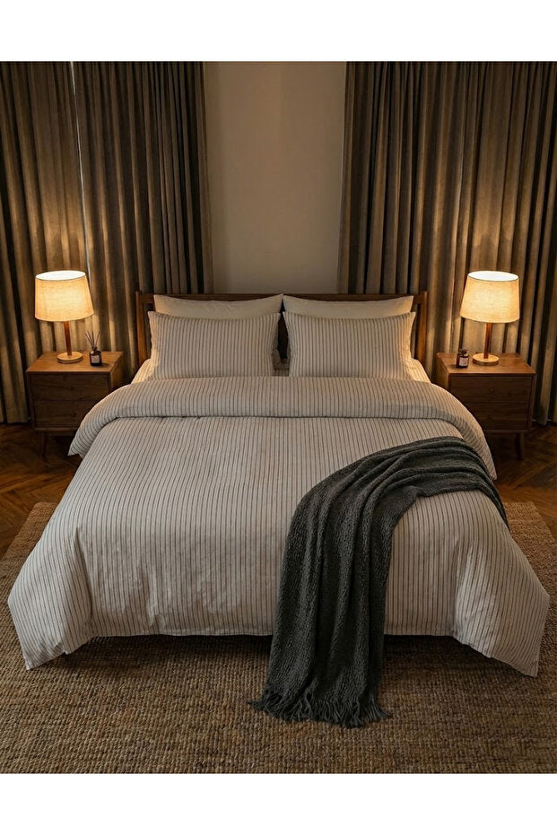 White Striped Natural Cotton Double Duvet Cover Set