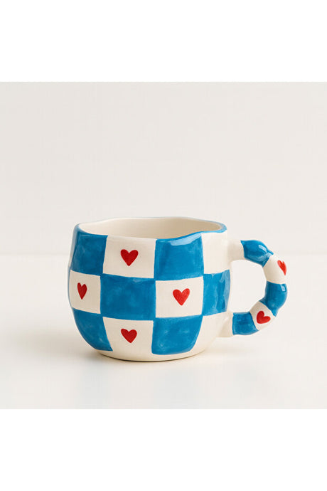 Handmade Ceramic Coffee Mug - Blue Checkered Heart Pattern