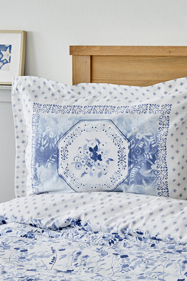 Amelia Blue Single 100% Cotton Fitted Duvet Cover Set