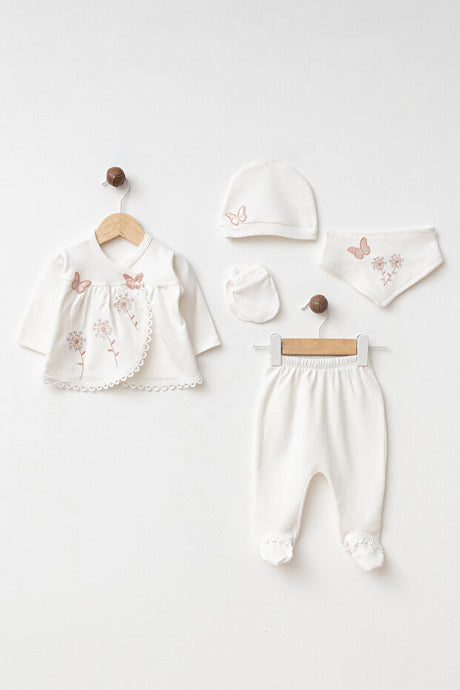 Newborn Baby Girl Butterfly & Flower Embroidered 5-Piece Layette Set