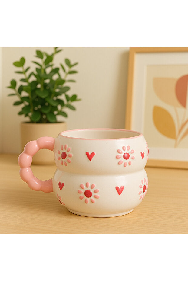 Embossed Ceramic Mug with Pink Daisy Hearts & Beaded Handle - 250ml
