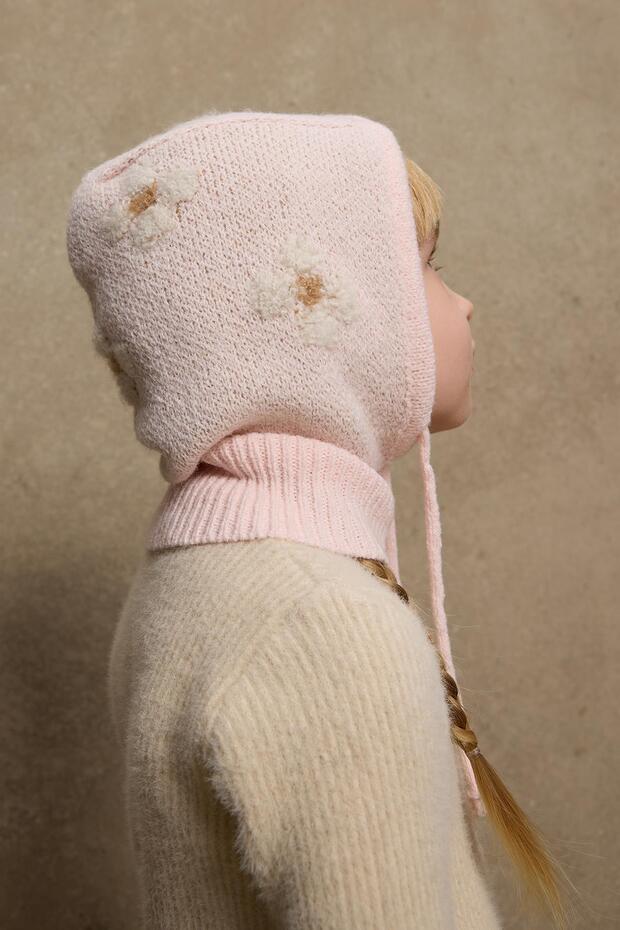 Pink Flower Knitted Mohair Blend Balaclava Beanie