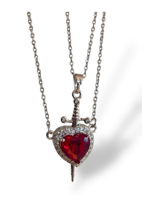 Couple's Heart & Sword Necklace Set - Stainless Steel, 40-45cm