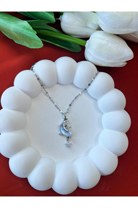 Silver Plated Moon Star Necklace - Non-Tarnishing Steel & Zircon
