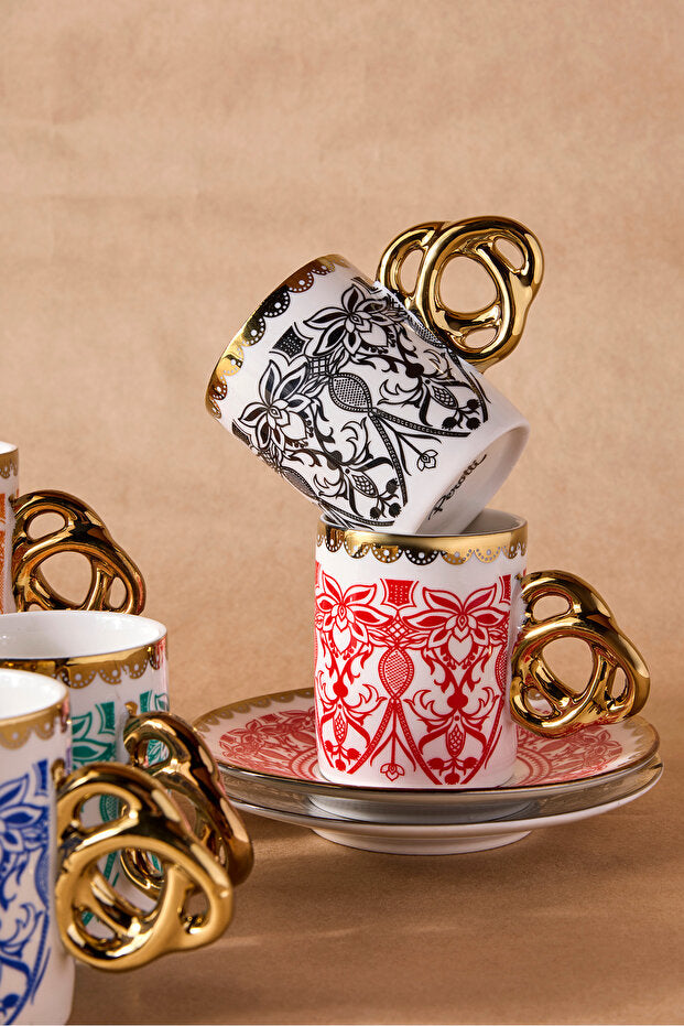 彩色图案瓷质咖啡杯套装，6人份