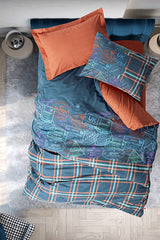 Single Duvet Cover Set - Travel Passport Stamp & Plaid Design