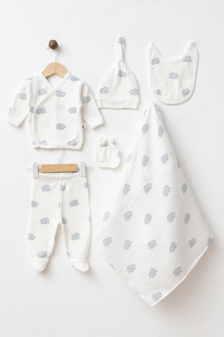 Newborn 6-Piece 100% Cotton Elephant Print Hospital Exit Set with Muslin Blanket