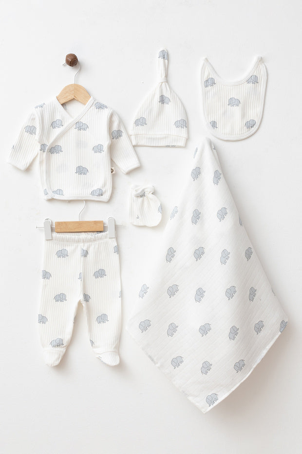 Newborn 6-Piece 100% Cotton Elephant Print Hospital Exit Set with Muslin Blanket