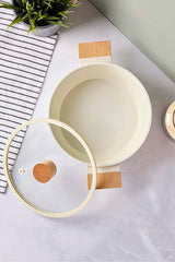 CookWood Beige 20cm Ceramic Deep Pot with Induction Base & Wooden Handles