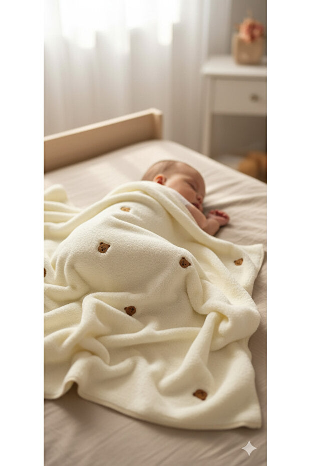 Bear Embroidered Welsoft Baby Blanket - Soft & Cozy 90x100 cm