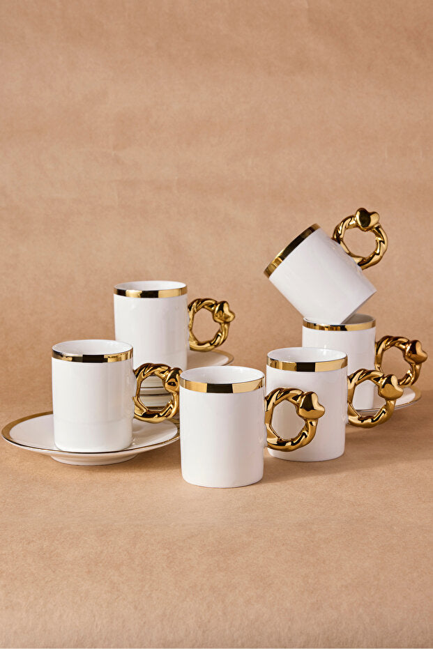 White Porcelain Coffee Set with Gold Handles & Rims - 6 Person