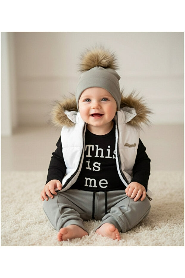 Unisex Baby Grey Puffer Vest Three-Piece Outfit Set
