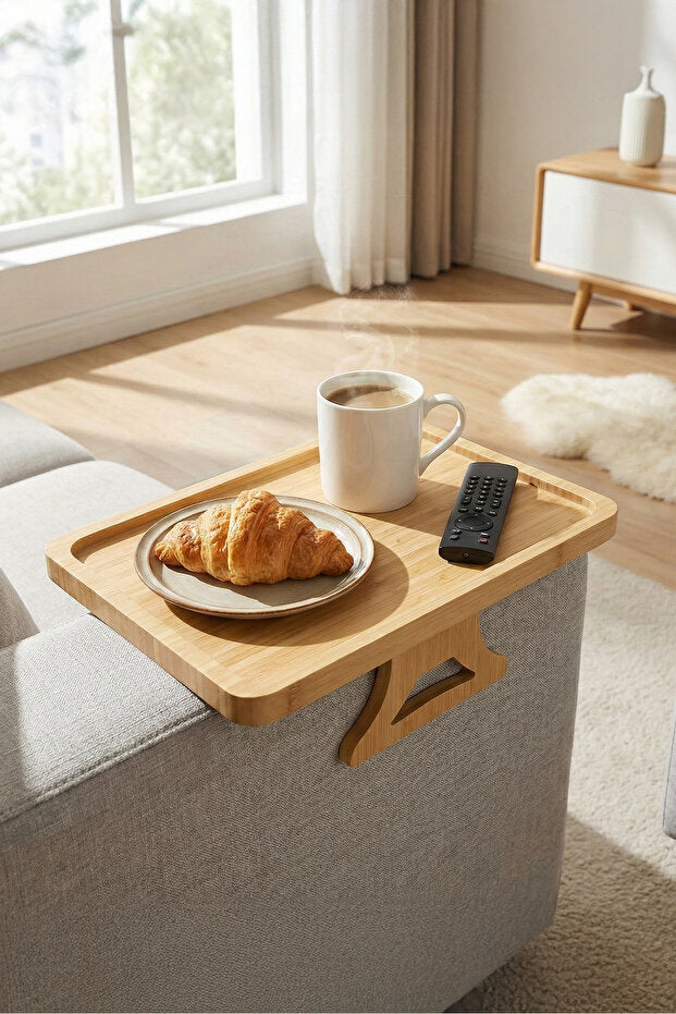 Bamboo Sofa Armrest Tray - 38x25 cm with Non-Slip Design