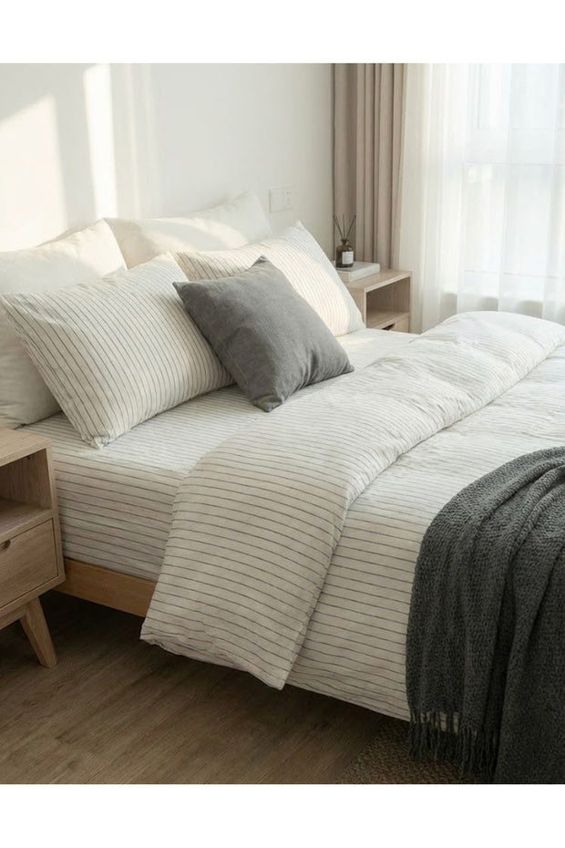 White Striped Natural Cotton Double Duvet Cover Set