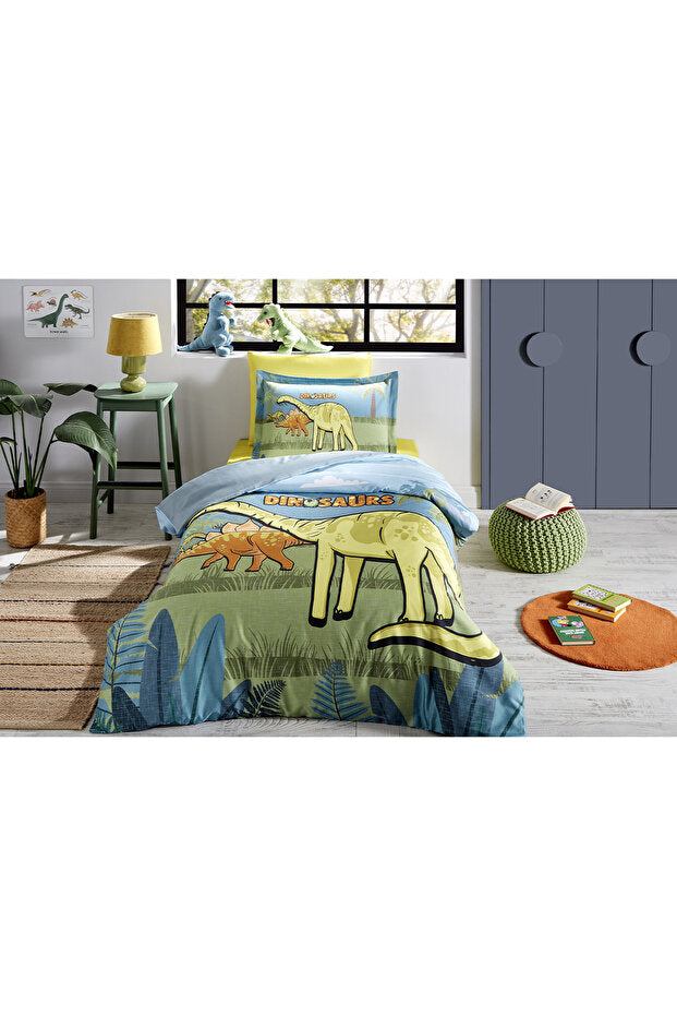 Dino Zoo Single Duvet Cover Set - 100% Cotton, Dinosaur Design
