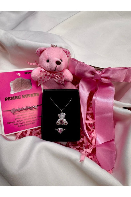 Pink Heart Teddy Bear Jewelry Set & Rose Quartz Bracelet Gift Box