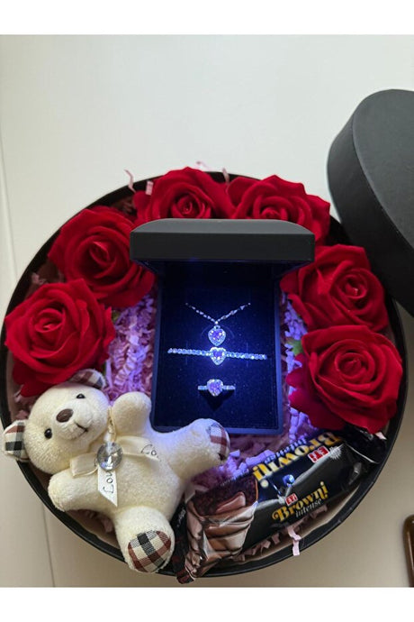 Red Rose & Heart Jewelry Gift Set with Teddy Bear & Chocolate