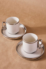 2 Person Porcelain Coffee Cup Set with Silver Trim