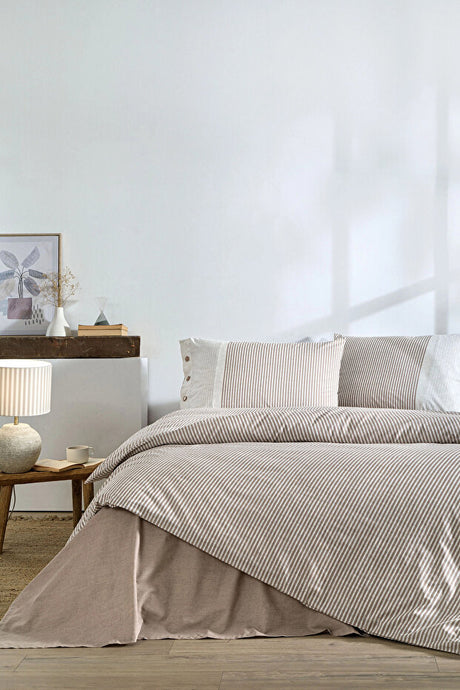 Natural Line Double Duvet Cover Set - Soft Cotton, Beige Stripes
