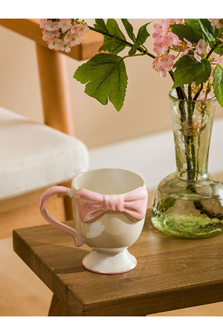 White Bow Pattern Ceramic Mug - 300ml Capacity