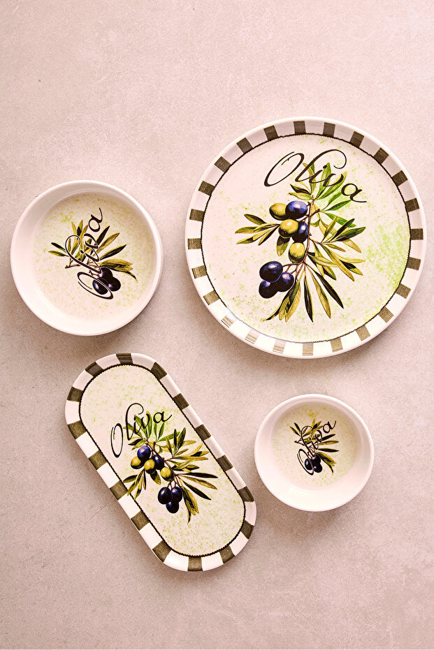 14 Piece Stackable Breakfast Set for 6 with Olive Motif & Sauce Bowls