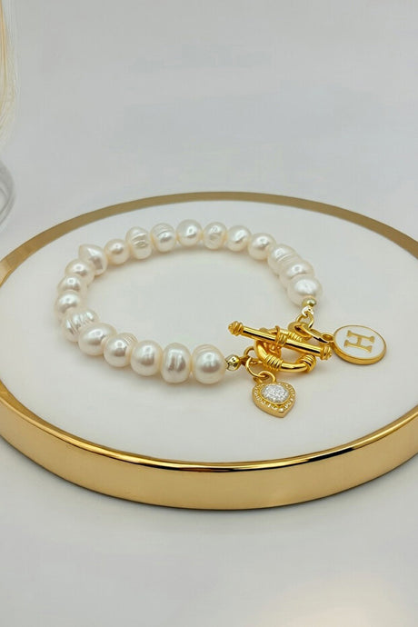 Natural Freshwater Pearl Bracelet with Initial H & Heart Charm