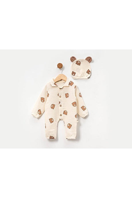 Baby Bear Beige Muslin 100% Cotton Jumpsuit - 0-3 Months
