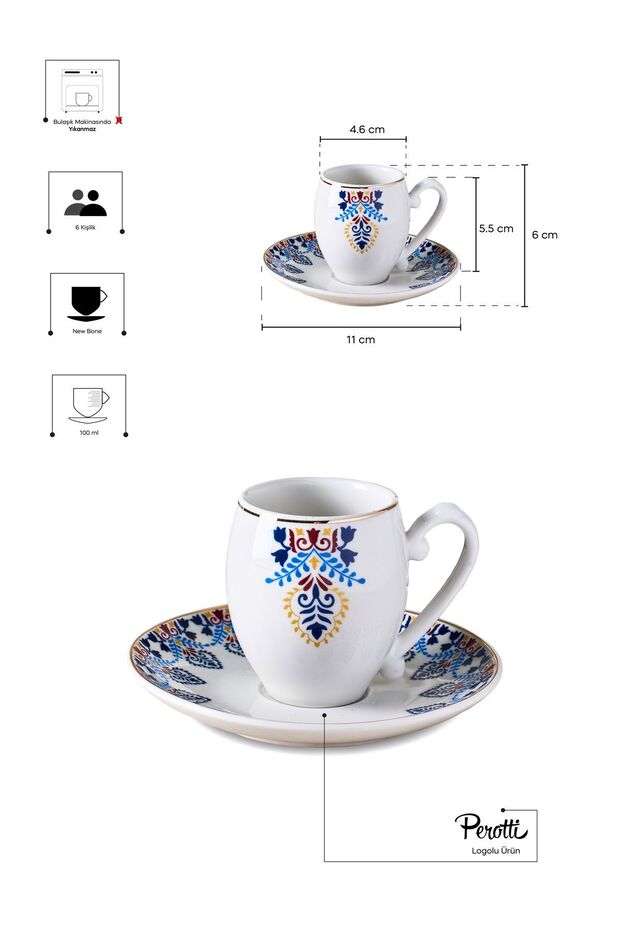 Porcelain Coffee Cup & Saucer Set - 6 Person, Traditional Motif