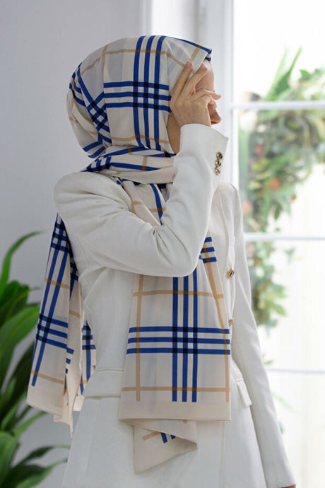 Luxury Medina Silk Plaid Shawl - Cream-Indigo, Wrinkle-Free