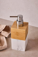 Stylish White Marble & Bamboo Liquid Soap Dispenser for Bathroom